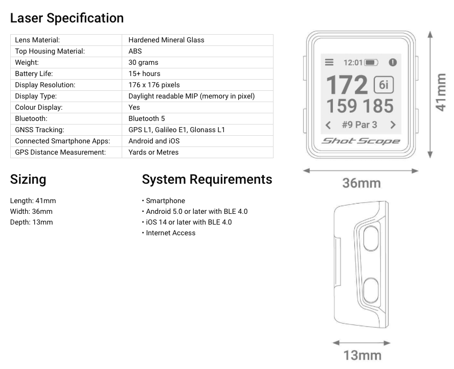 Specification for Shot Scope H4 Golf GPS Handheld Device - Black