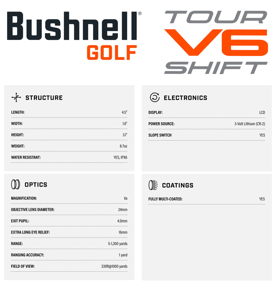 Specification for Bushnell Tour V6 Shift Golf Laser Rangefinder