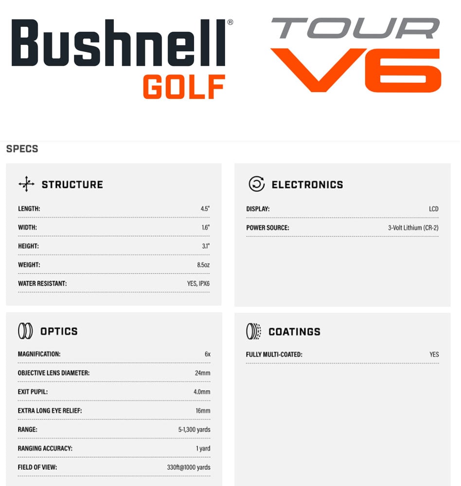 Specification for Bushnell Tour V6 Golf Laser Rangefinder