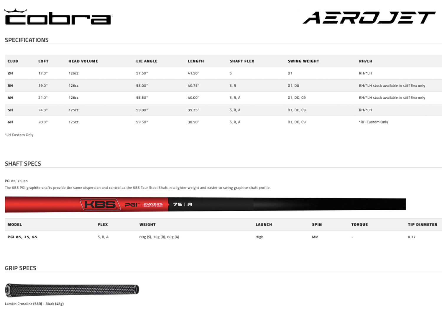 Specification for Cobra Aerojet Golf Hybrid