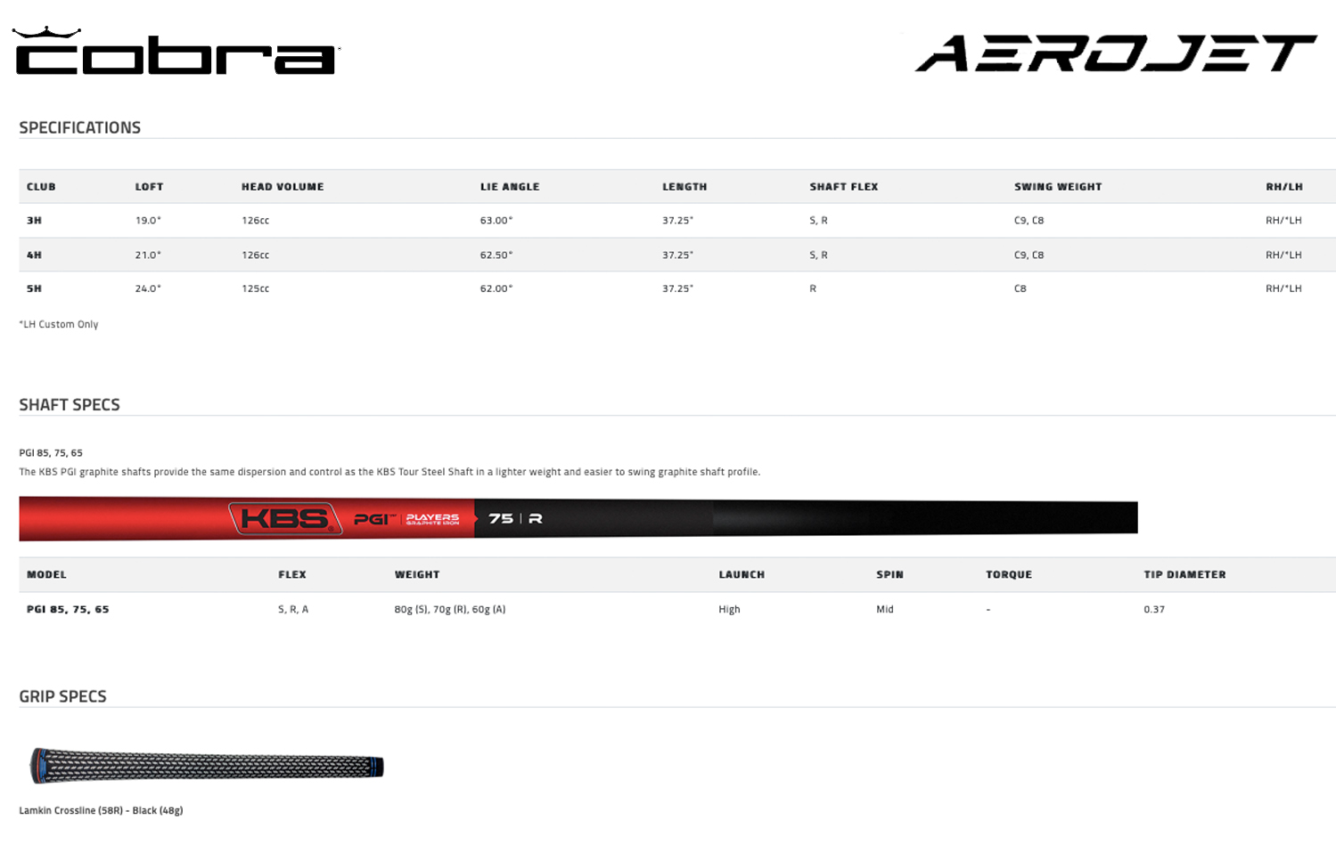 Specification for Cobra Aerojet ONE Length Golf Hybrid