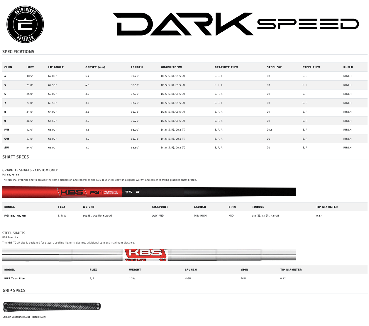 Specification for Cobra Darkspeed Irons - Graphite