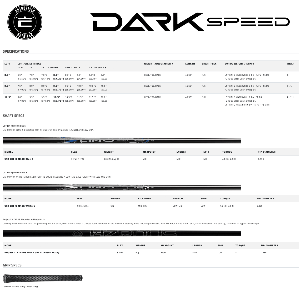 Specification for Cobra Darkspeed LS Driver