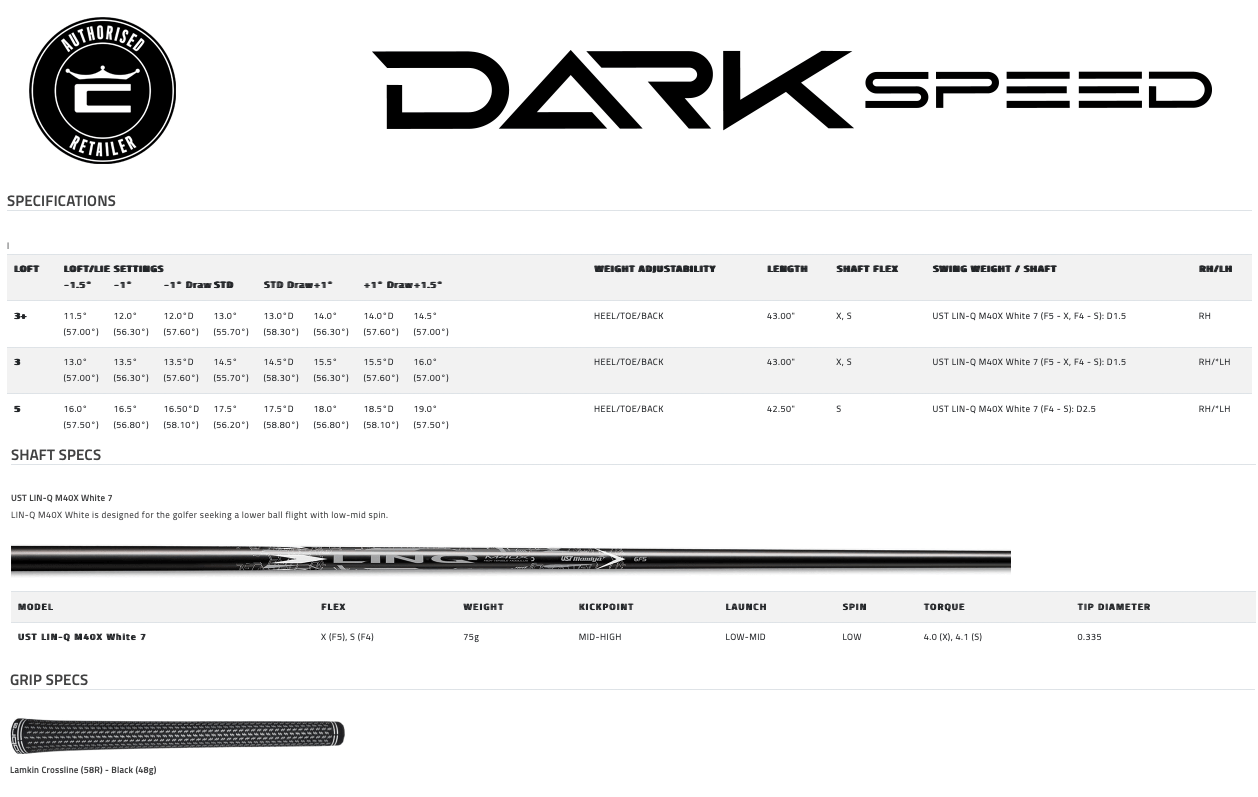 Specification for Cobra Darkspeed LS Fairway Wood