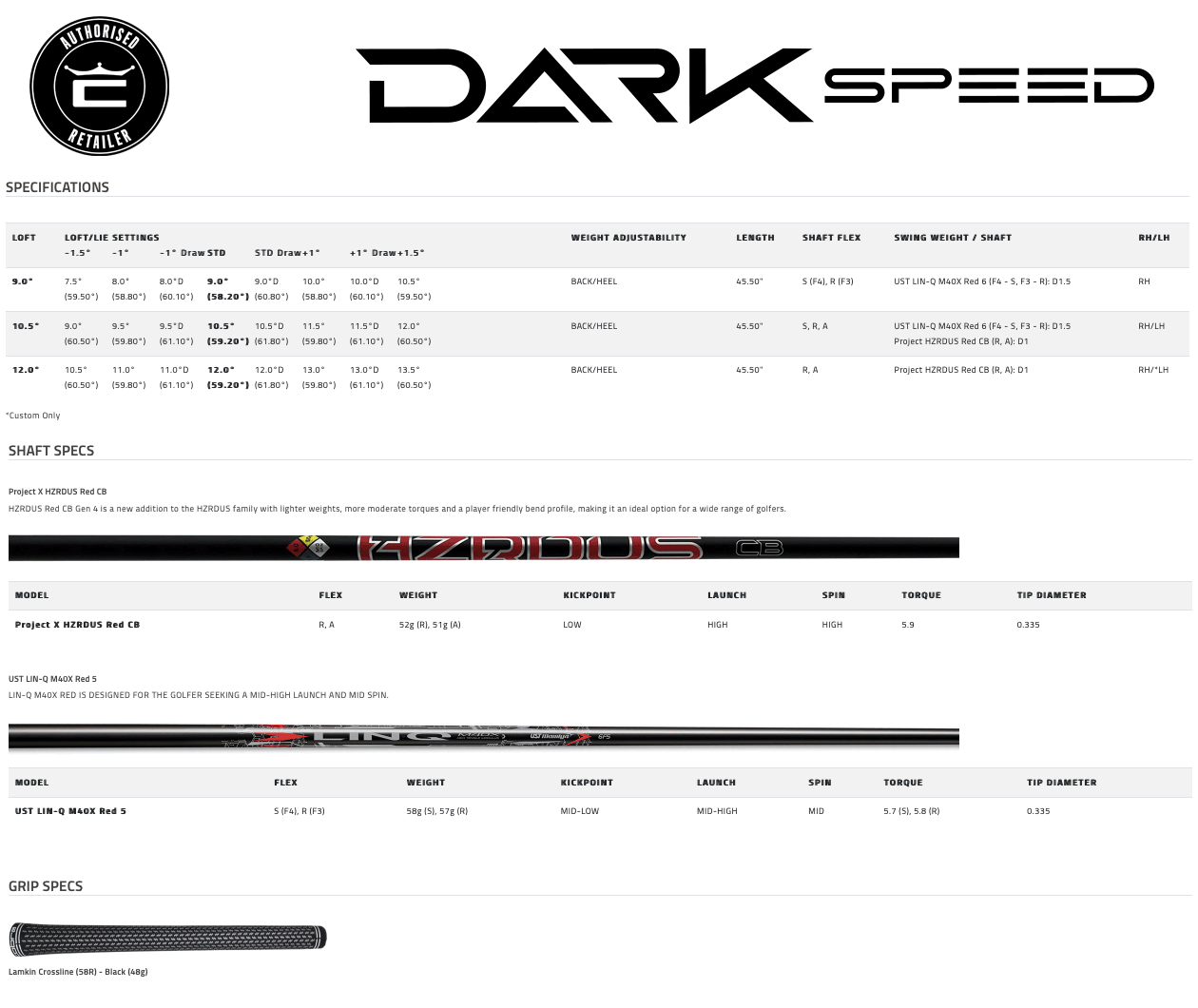 Specification for Cobra Darkspeed Max Driver