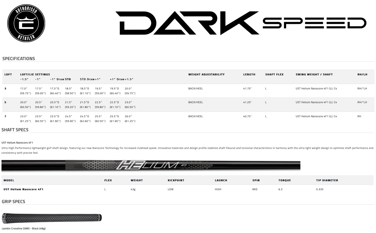 Specification for Cobra Darkspeed Max Womens Fairway Wood