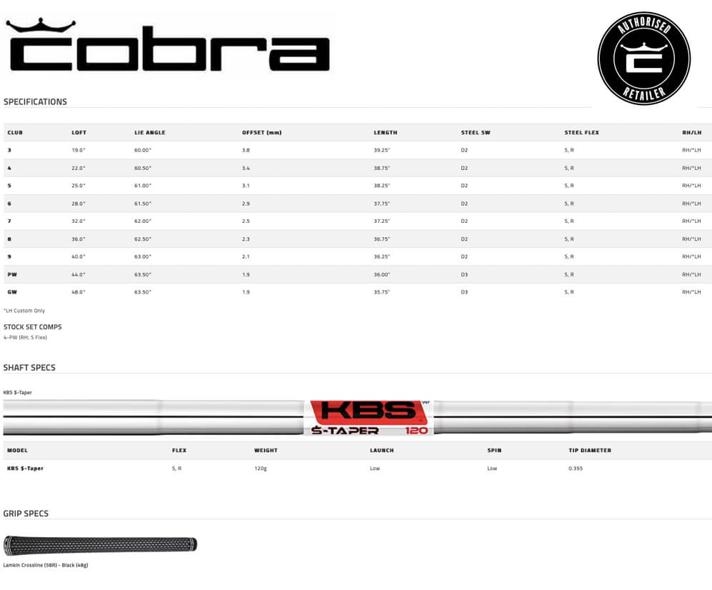 Specification for Cobra King Tour Golf Irons - Steel
