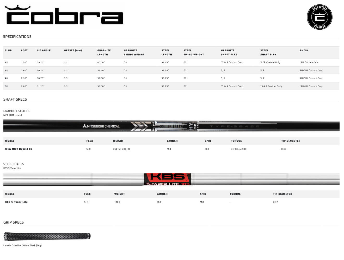 Specification for Cobra King Tec Golf Utility Iron - Steel
