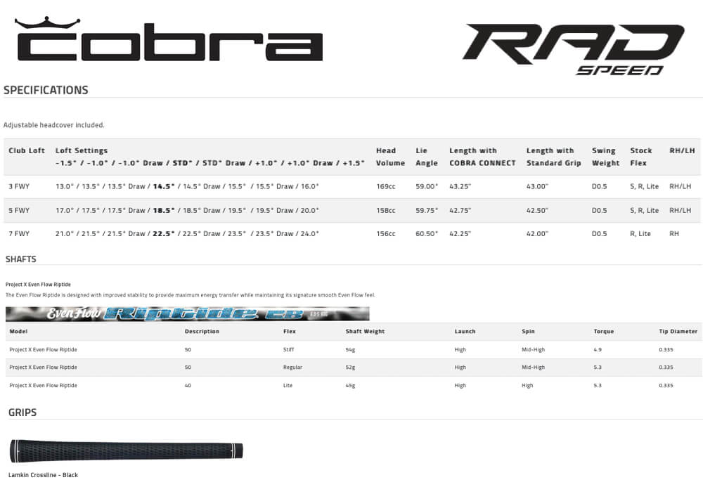 Specification for Cobra King RADSPEED Draw Fairway Wood
