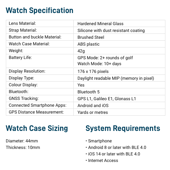 Specification for Shot Scope G5 GPS Golf Watch - Grey