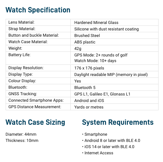 Specification for Shot Scope G5 GPS Golf Watch - Black