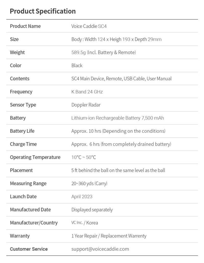 Specification for Swing Caddie SC4 Golf Simulator + Launch Monitor