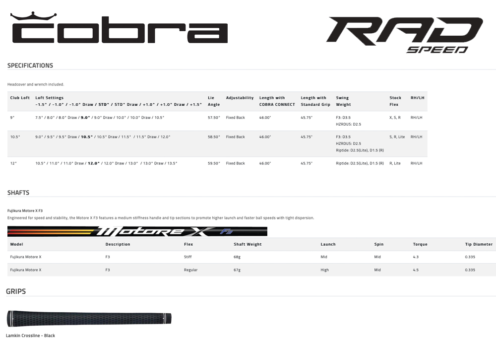 Specification for Cobra King RADSPEED XB Driver