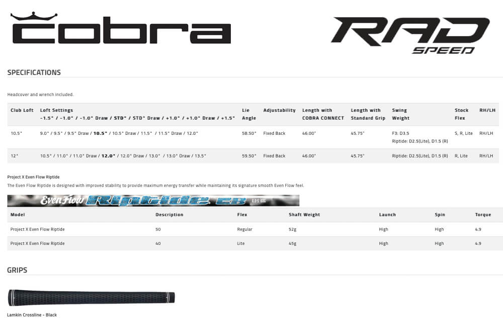 Specification for Cobra King RADSPEED XD Driver