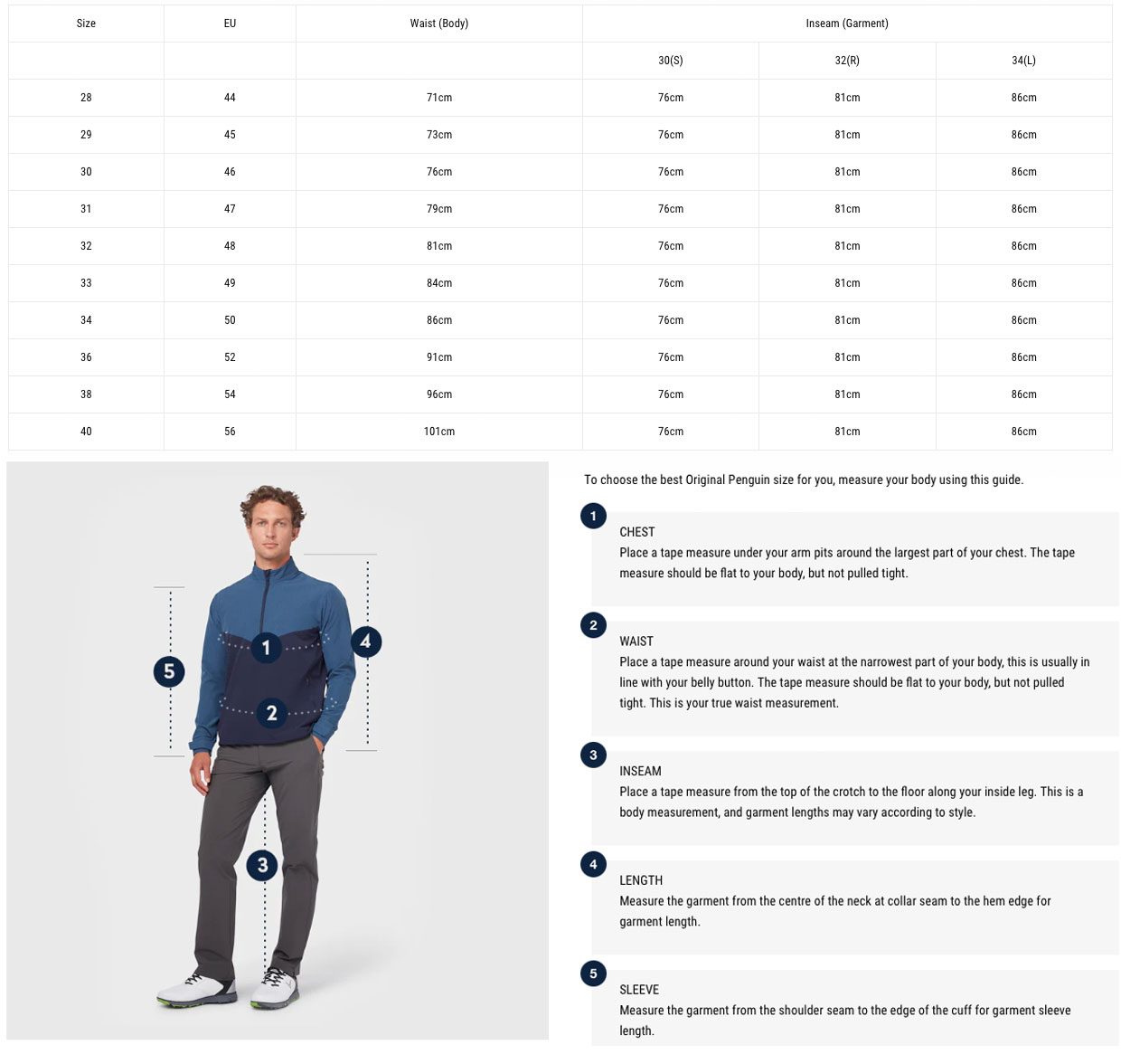 Size Chart for Callaway Water Resistant Thermal Golf Trouser - Night Sky