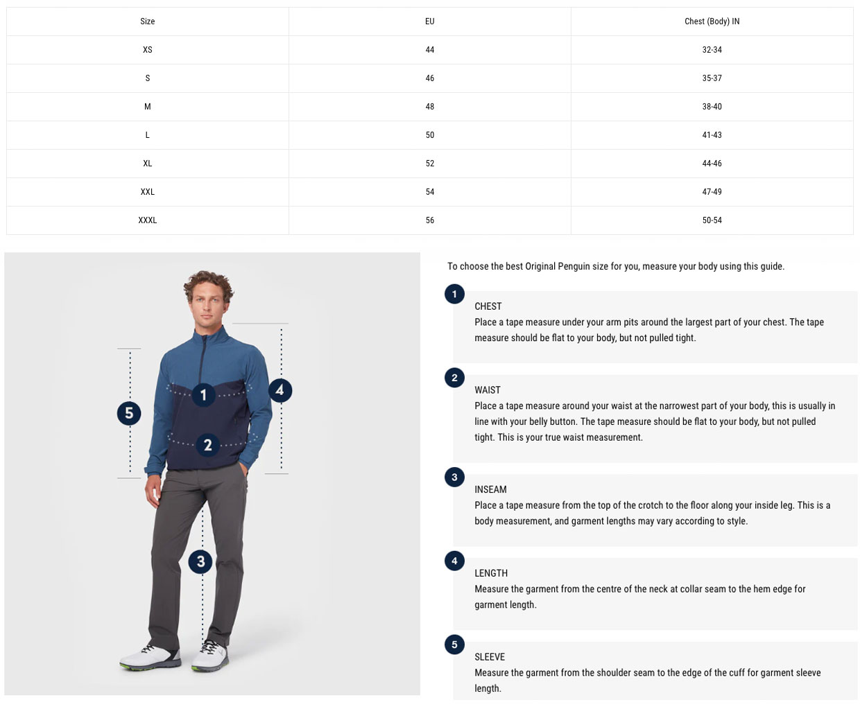 Size Chart for Callaway Lightweight Water-Repellent Heathered Golf Pullover - Blue