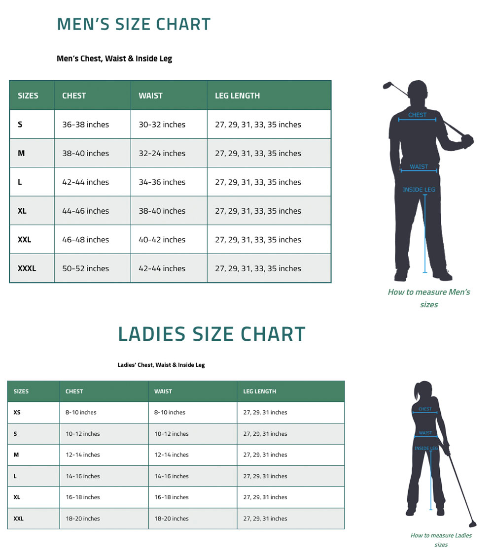 Size Chart for ProQuip DUNE Stretch Golf Shorts