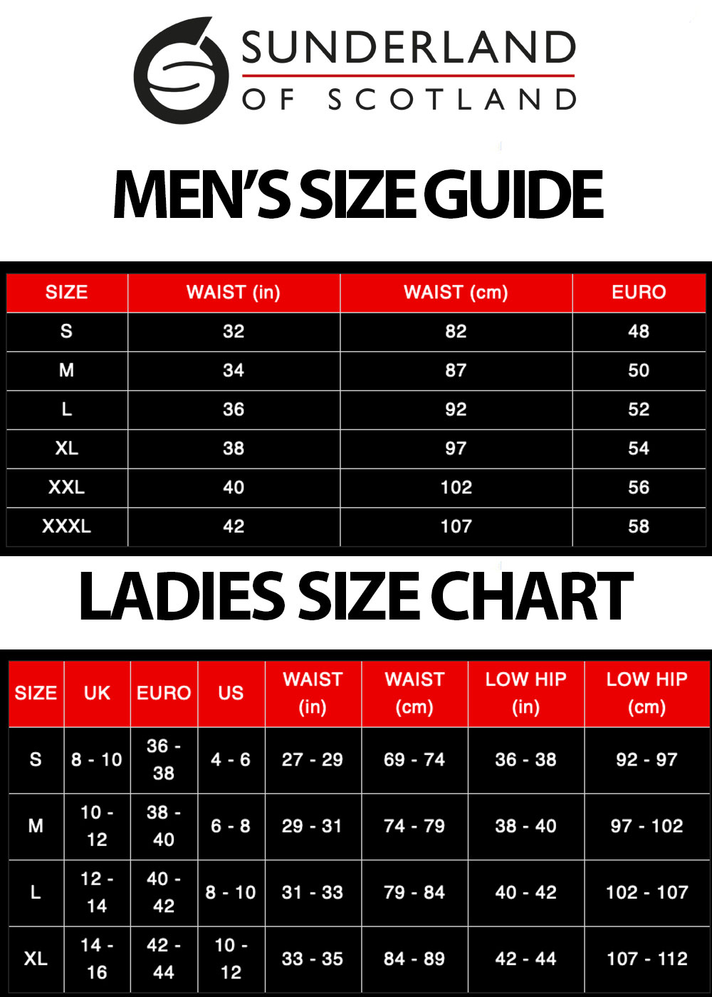 Size Chart for Sunderland Ladies Montana Trousers - Black