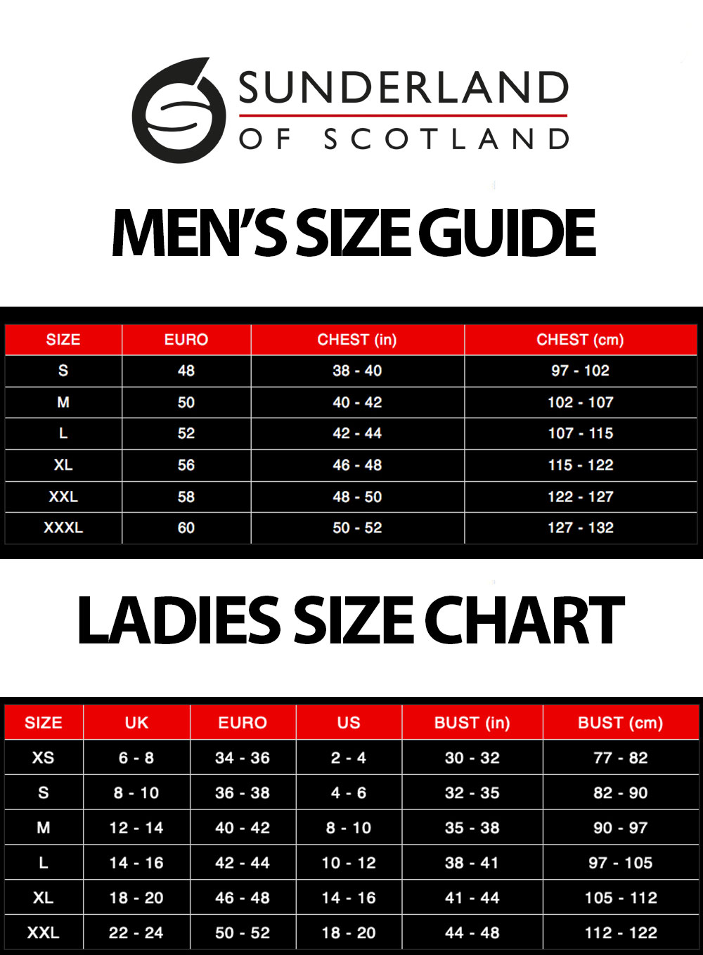 Size Chart for Sunderland Aspen Golf Midlayer - White/Navy/Red 