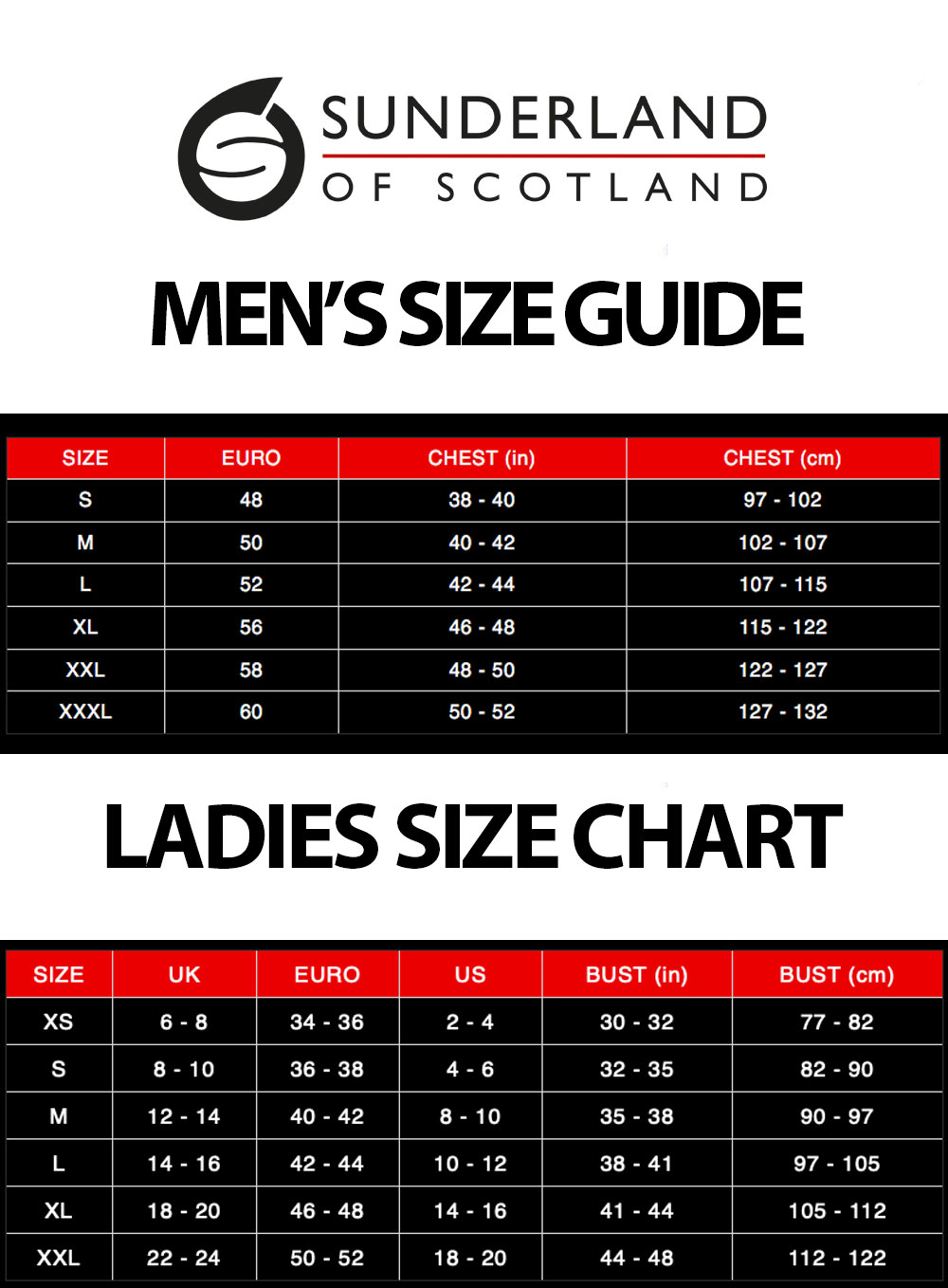 Size Chart for Sunderland Aspen Golf Midlayer - Lightning Blue/Black