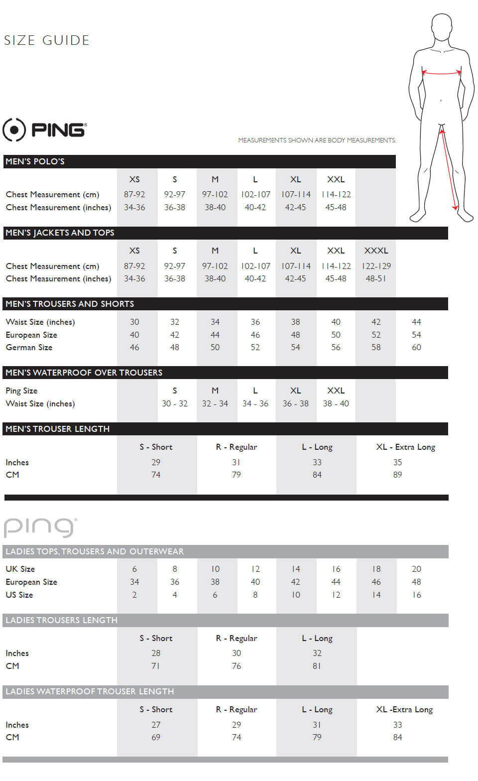 Size Chart for Ping SensorDry S2 Waterproof Golf Jacket - Oxford Blue