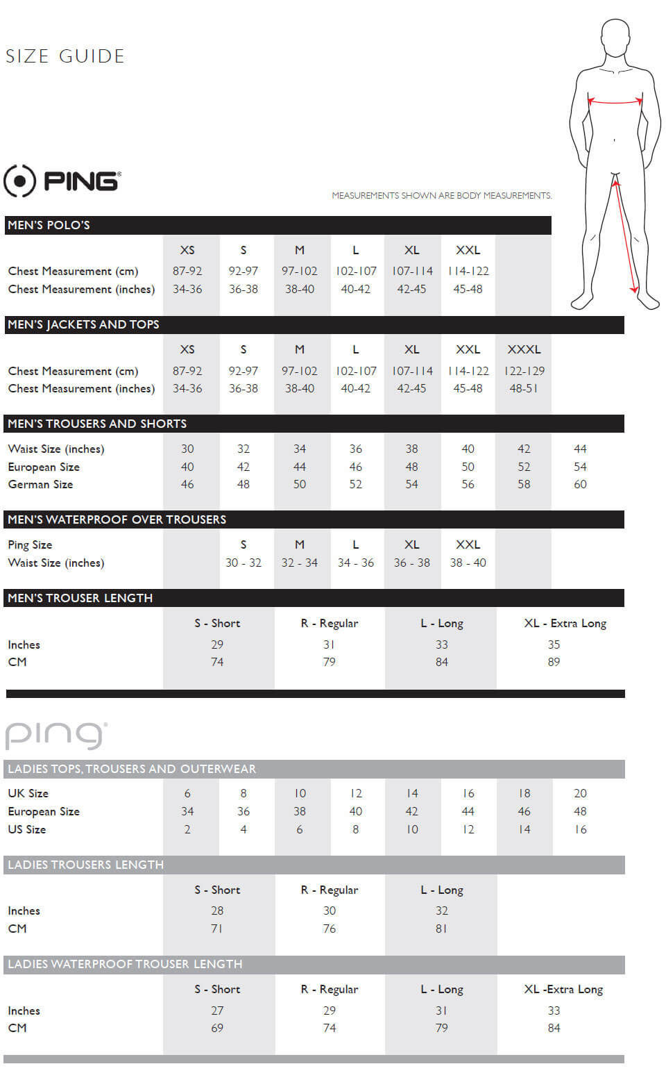 Size Chart for Ping Sensor Dry Waterproof Golf Jacket - Black