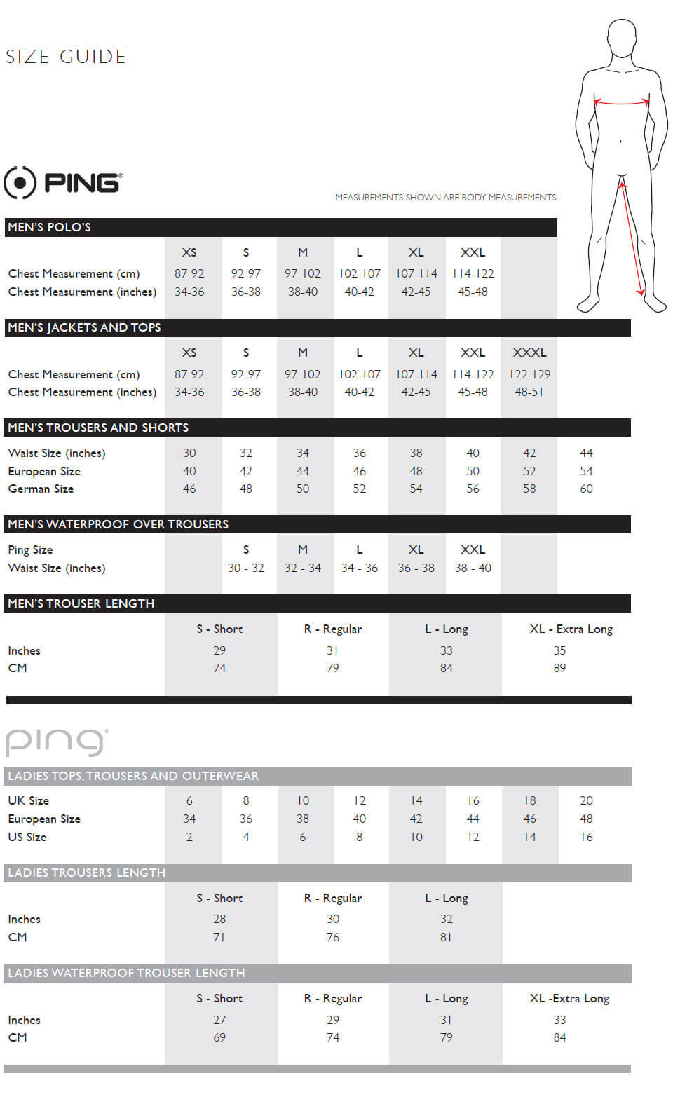 Size Chart for Ping Arizona Cactus Print Golf Polo Shirt - Navy