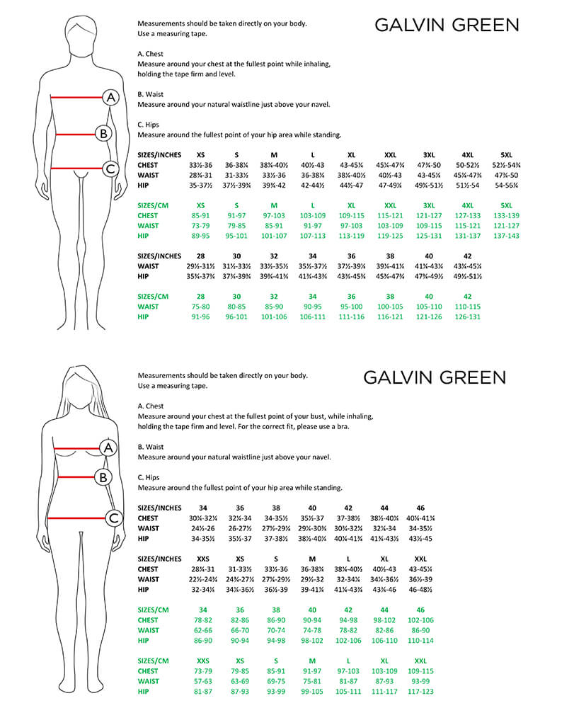 Size Chart for Galvin Green Armstrong GORE-TEX Paclite Waterproof Golf Jacket - Black/Sharkskin/Cool Grey