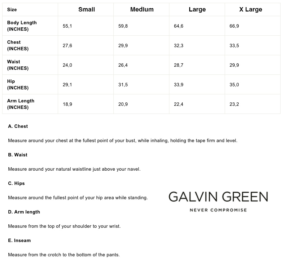 Size Chart for Galvin Green Rod Junior Golf Shirt - Black