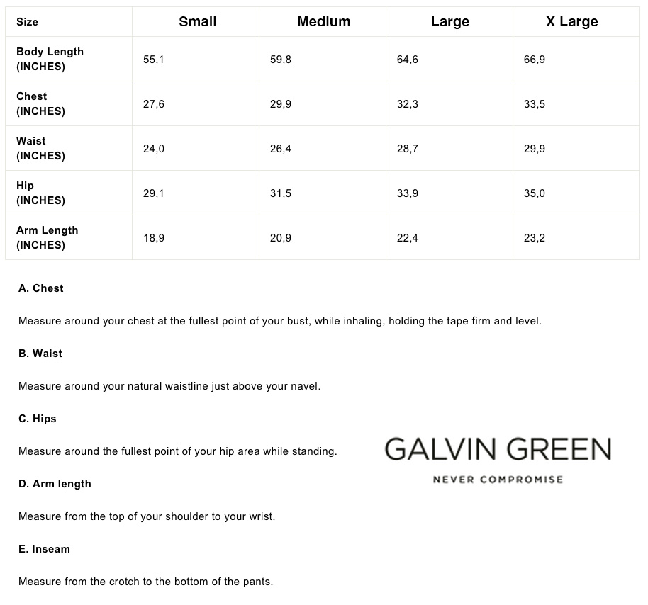 Size Chart for Galvin Green Ray Junior Golf Shirt - Iron Grey