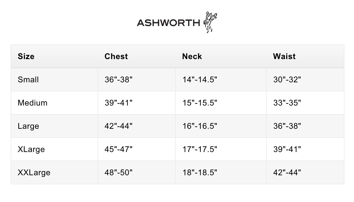 Size Chart for Ashworth Striped Tech Golf Polo - White/Lagoon