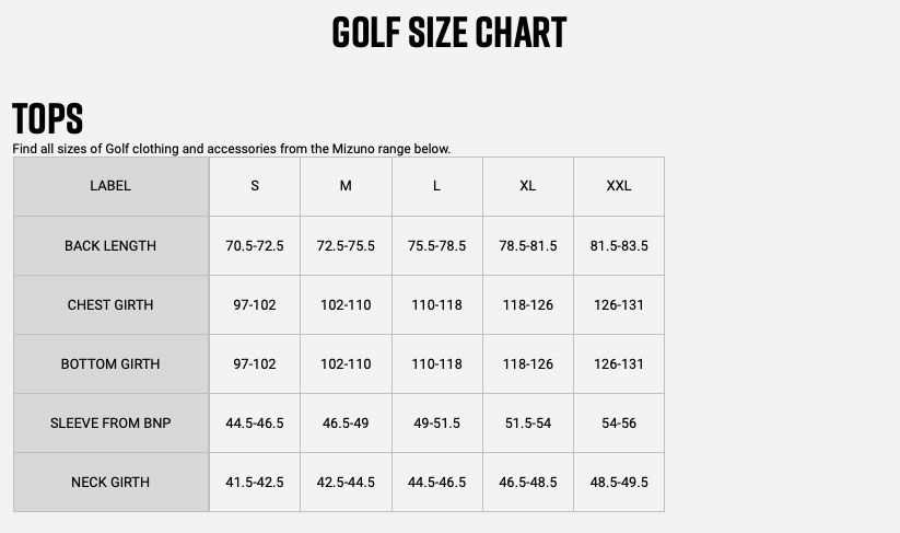 Size Chart for Mizuno Quick Dry Breeze 1/4 Zip Golf Pullover 