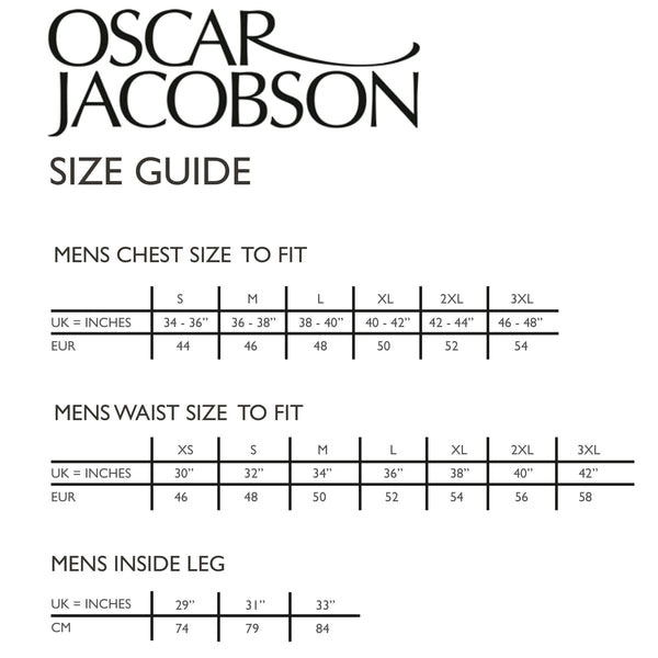 Size Chart for Oscar Jacobson Trapp Golf Sweater - Navy/Black