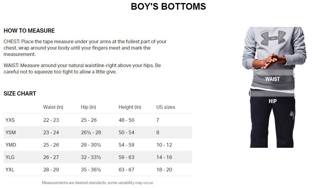 Size Chart for Under Armour Boys Showdown Golf Pant - Midnight Navy