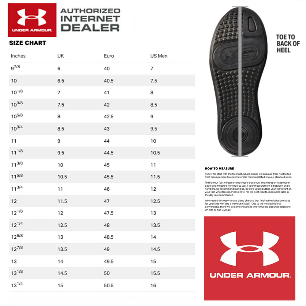 Size Chart for Under Armour UA Charged Phantom Spikeless Golf Shoes - White