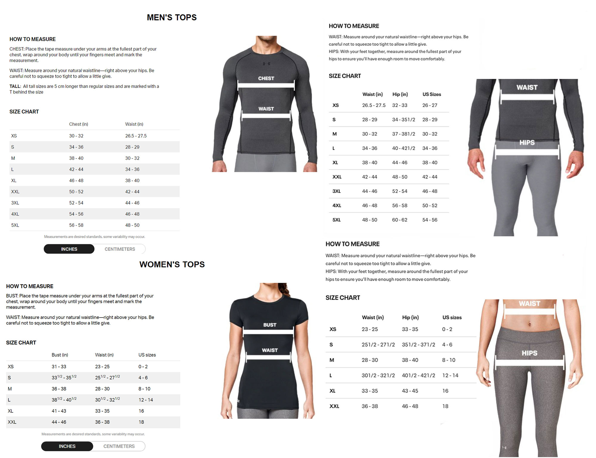 Size Chart for Under Armour UA Stormproof 2.0 Waterproof Golf Jacket