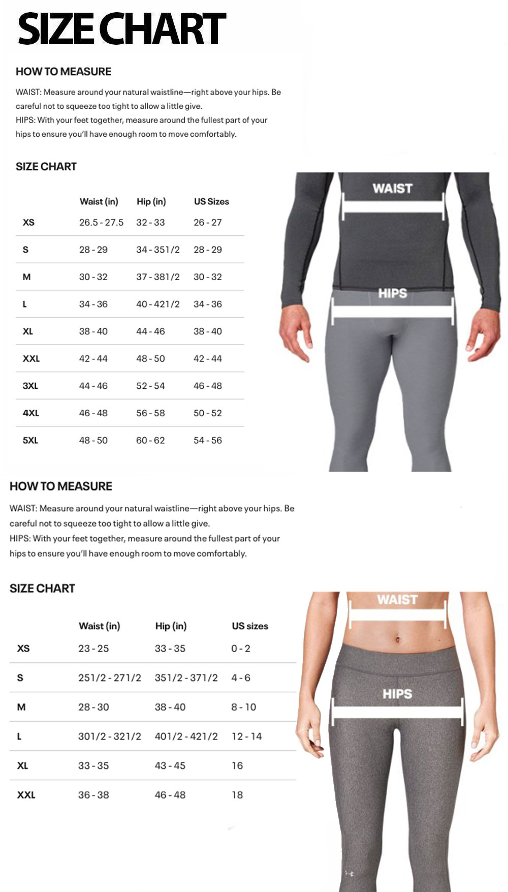 Size Chart for Under Armour Women's Cold Gear Infrared Links Pants - Black