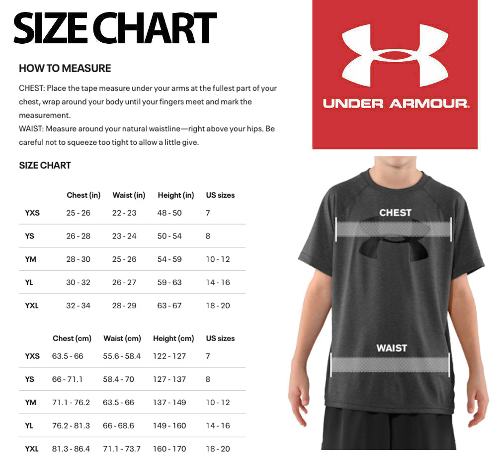 Size Chart for Under Armour UA Junior Performance Golf Polo Shirt - Royal Blue
