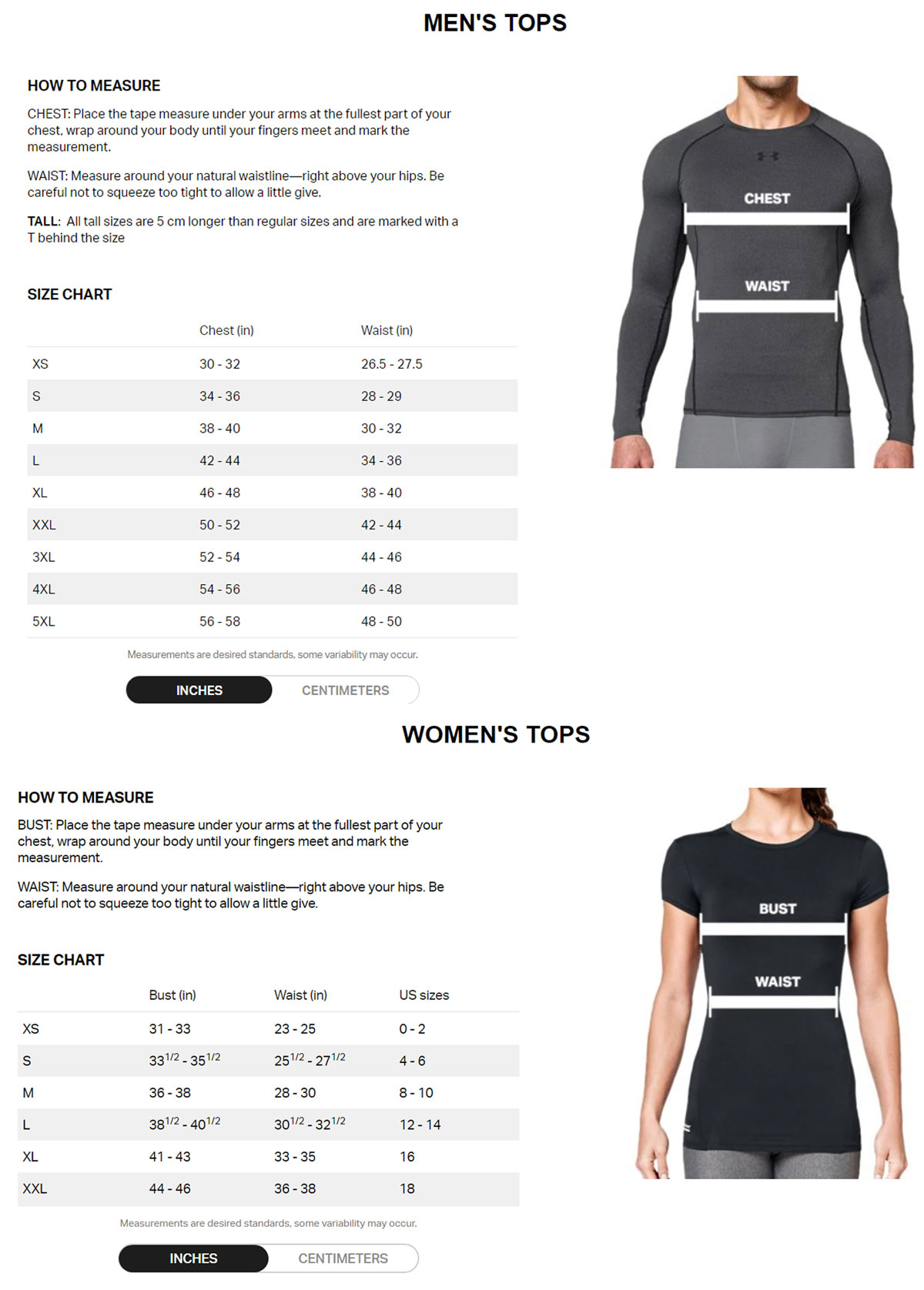 Size Chart for Under Armour ColdGear Infrared Long Sleeve Golf Mock Base Layer - Black