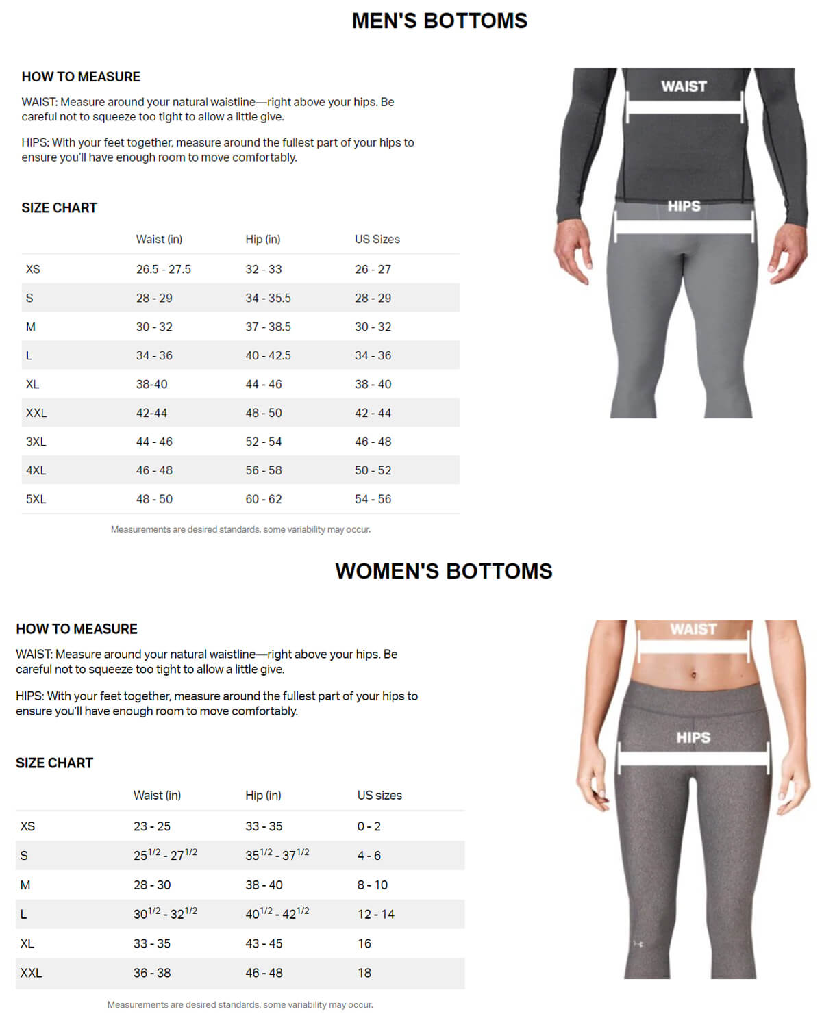 Under Armour Pants Size Chart