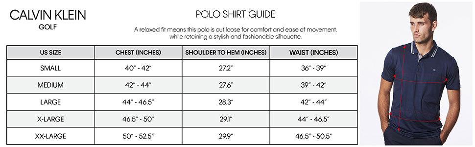 Size Chart for Calvin Klein Sarazen Golf Polo Shirt - Navy