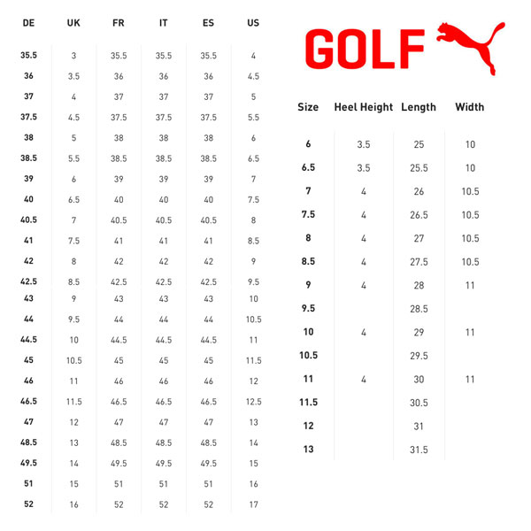 Size Chart for Puma Ignite Articulate Golf Shoes - Grey/Gold