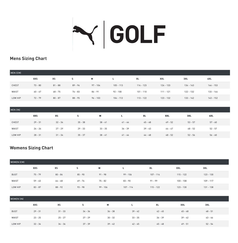 Size Chart for Puma Jackpot Golf Short - Ski Patrol