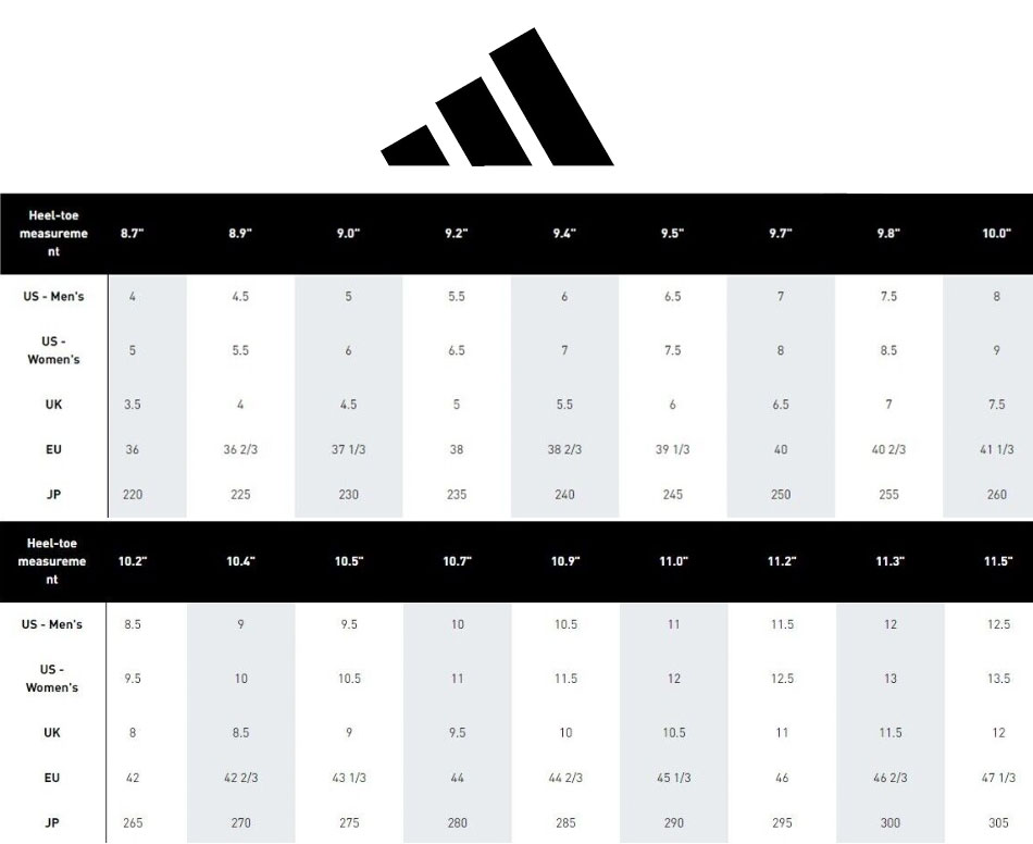Size Chart for adidas ZG23 BOA Golf Shoes - White/Black/Silver