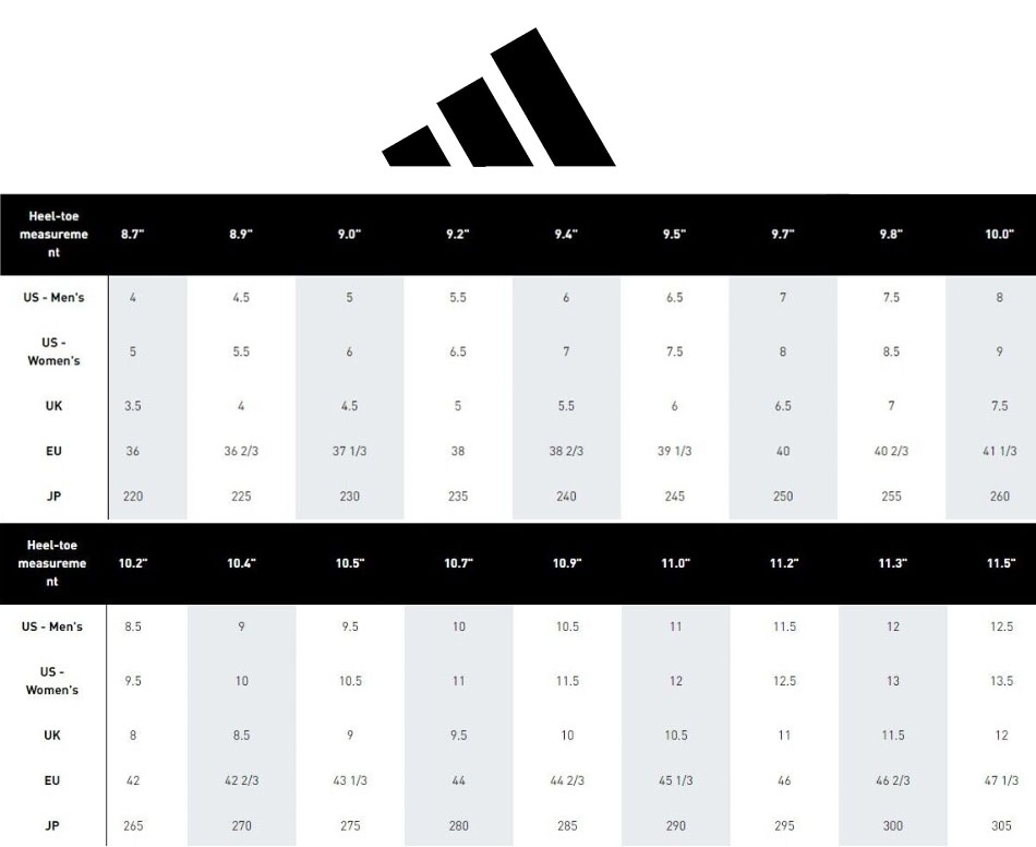 Size Chart for adidas Tour 360 XT-SL Spikeless 2.0 Golf Shoes - Black