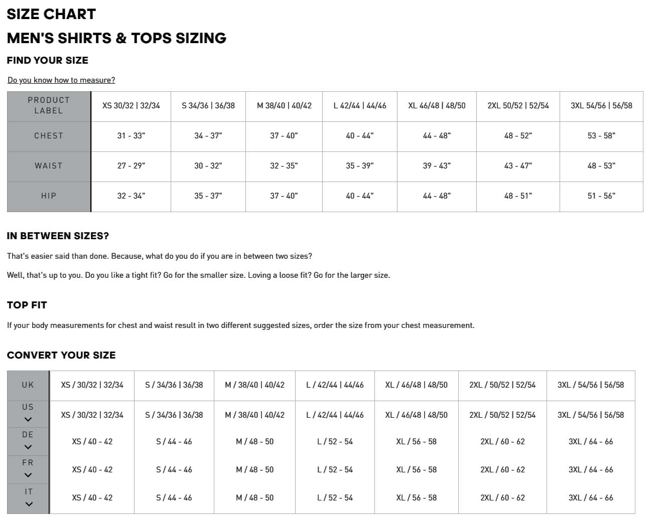 Size Chart for adidas COLD.RDY 1/4 Zip Golf Top