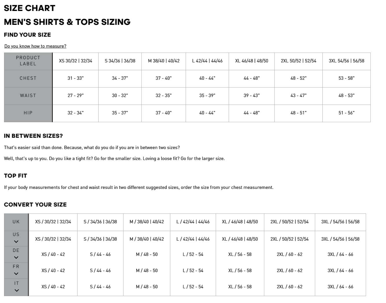 Size Chart for Frostguard Thermal Golf Jacket