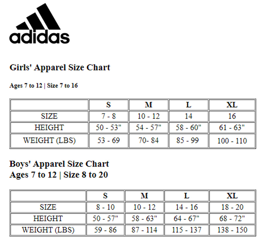 Size Chart for adidas Boys 3 Stripe Golf Polo Shirt - Black