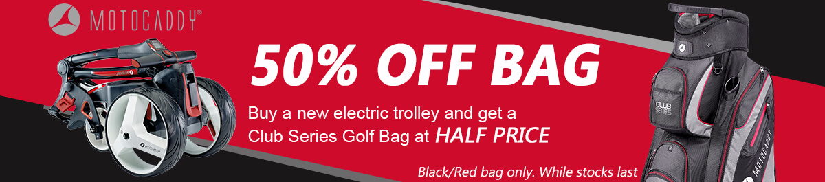 Motocaddy Half Price Red/Black BAG Offer with electric trolleys